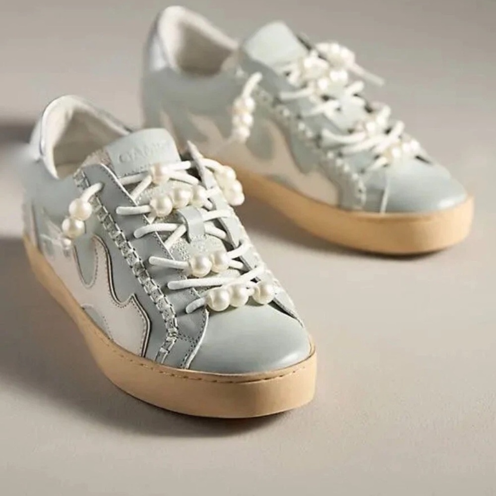 Anthropologie Bibi Lou Gamin Sneaker Light Blue White Pearls Flame